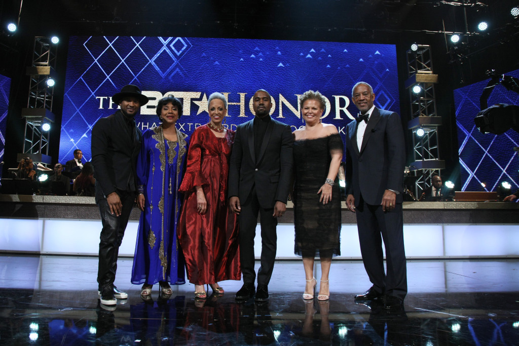 WASHINGTON, DC - JANUARY 24: (L-R) Honorees Usher, Phylicia Rashad, Johnnetta B. Cole, Kanye West, Debra Lee, and John W. Thompson pose onstage during "The BET Honors" 2015 at Warner Theatre on January 24, 2015 in Washington, DC. (Photo by Bennett Raglin/BET/Getty Images for BET)